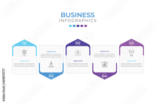 Thin line flat infographic design elements with marketing icon, arrow. Business concept with 4 steps, options. Vector illustration.
