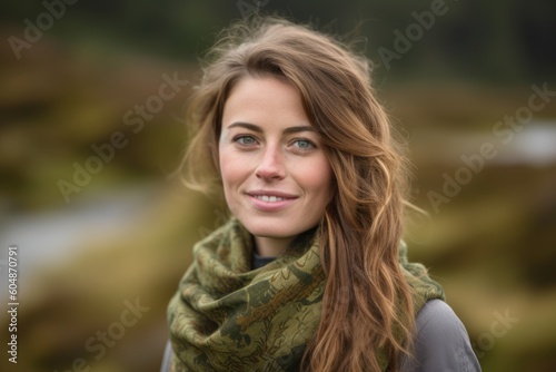 Lifestyle portrait photography of a grinning girl in her 30s wearing a charming scarf against a national park background. With generative AI technology