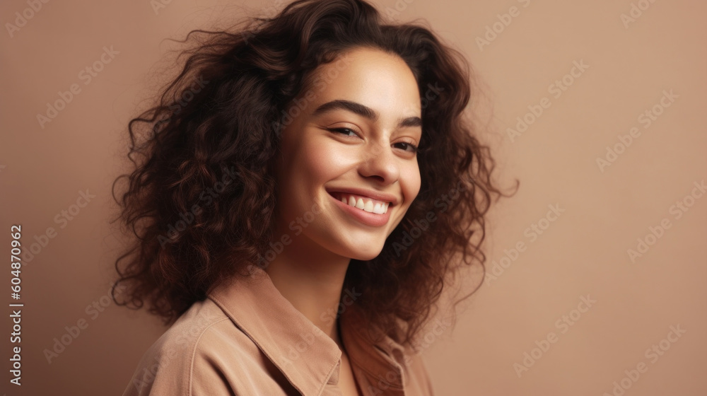 An afro young woman exudes happiness and confidence, posing with a bright smile on a beige studio backdrop. Generative AI An afro young woman exudes happiness and confidence, posing with a bright smile on a beige studio backdrop. Generative AI