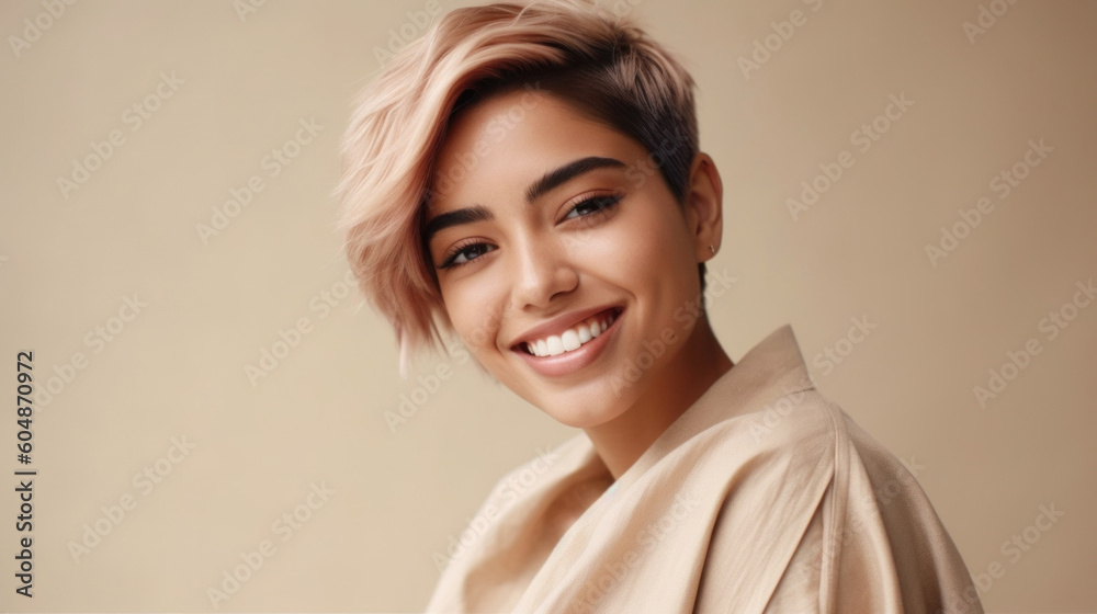 A delightful afro young woman with stylish pink short hairstyle showcases her natural beauty and joy in a stunning beauty portrait against a beige studio background. Generative AI A delightful afro young woman with stylish pink short hairstyle showcases her natural beauty and joy in a stunning beauty portrait against a beige studio background. Generative AI