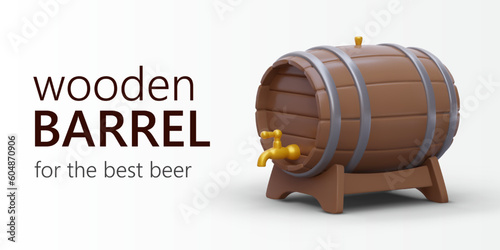 Advertising of barrel production. Products for alcoholic beverages, honey. Wooden container for transportation. Horizontal banner template with 3D elements. Barrel with tap and cork on stand