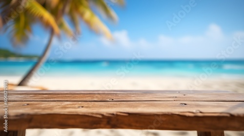 Wooden Table on Beautiful Blured Tropical Beach Background  Summer Holiday Background for Product Display  Table for Product Photo  generative AI