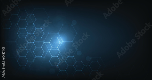Background of hexagon geometric dark blue pattern bright. healthcare medical and technology background.Graphic digital science concept design.