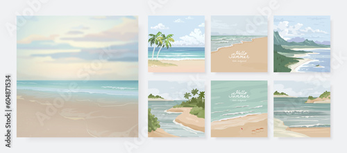 Set of beautiful banner, poster or greeting card design template with sandy summer beach. Set of nature landscape background. Vector illustration