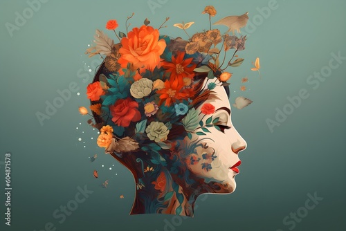 Mental Health, Flowers instead of Hair, Capturing Creative Brilliance, Mindfulness, positive thinking, self care idea, generative AI © midninja.com