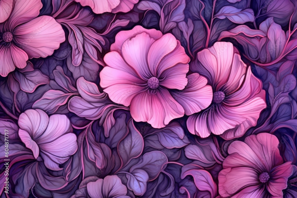 Background of a seamless floral pattern in violet, red, pink, purple, and black. Generative AI Background of a seamless floral pattern in violet, red, pink, purple, and black. Generative AI