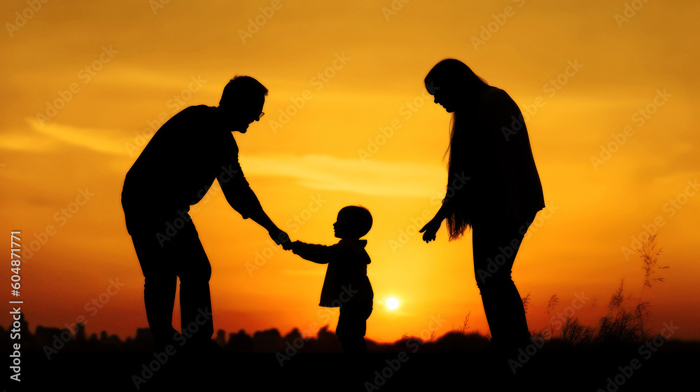As the sun set in hues of orange, a beautiful silhouette emerged. The parents, filled with joy, guided their little boy as he took his first steps. Love and support painted the sky. Generative AI