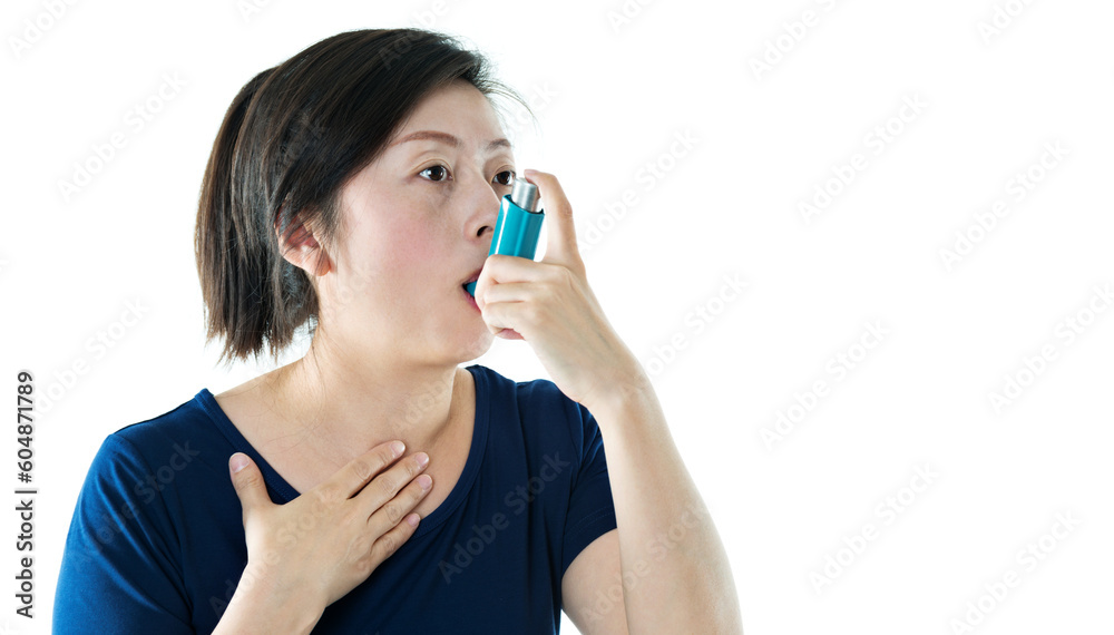 Young asian woman using asthma inhaler isolated on white background Young asian woman using asthma inhaler isolated on white background