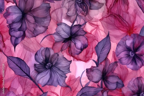 Background of a seamless floral pattern in violet  red  pink  purple  and black. Generative AI