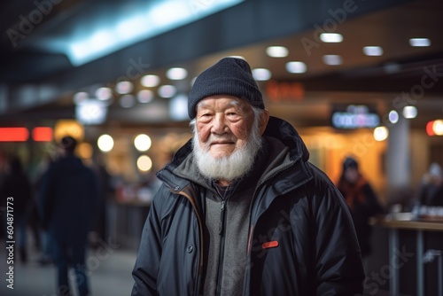 Medium shot portrait photography of a glad old man wearing a stylish hoodie against a bustling food court background. With generative AI technology