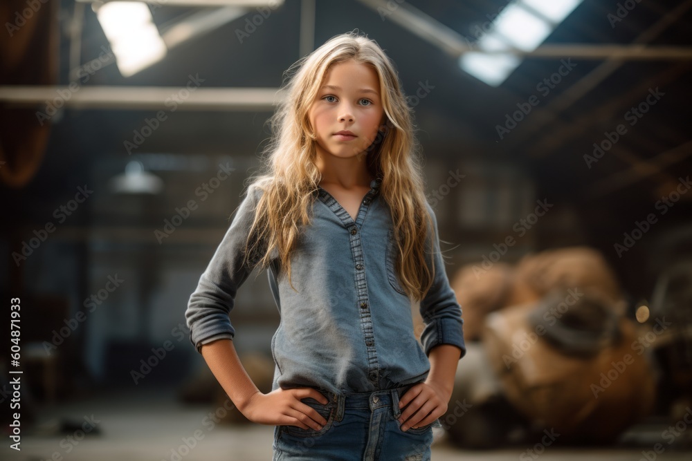 Medium shot portrait photography of a satisfied kid female wearing comfortable jeans against a spacious loft background. With generative AI technology Medium shot portrait photography of a satisfied kid female wearing comfortable jeans against a spacious loft background. With generative AI technology