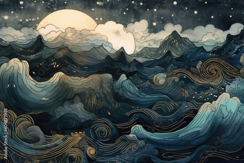 To use for decorative backgrounds of a watercolor illustration of a sea in an intricate pattern, in the style of dark teal and light black. Generative AI