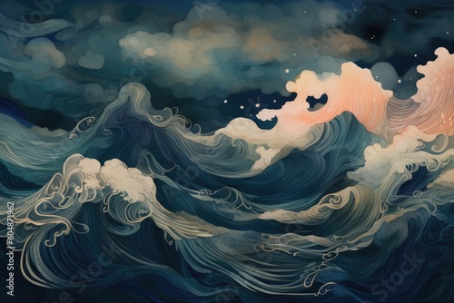 To use for decorative backgrounds of a watercolor illustration of a sea in an intricate pattern, in the style of dark teal and light black. Generative AI