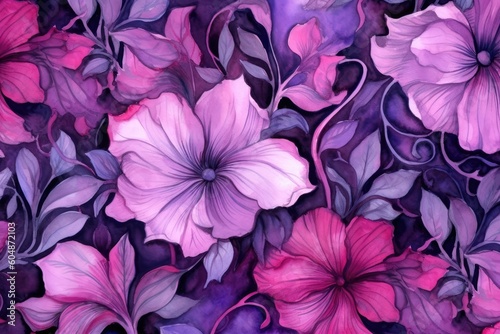 Background of a seamless floral pattern in violet  red  pink  purple  and black. Generative AI