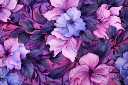 Background of a seamless floral pattern in violet  red  pink  purple  and black. Generative AI