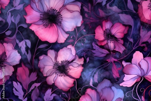 Background of a seamless floral pattern in violet, red, pink, purple, and black. Generative AI