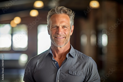 Lifestyle portrait photography of a satisfied mature man wearing a casual short-sleeve shirt against a spacious loft background. With generative AI technology