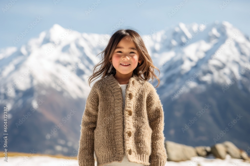 Full-length portrait photography of a grinning kid female wearing a chic cardigan against a serene snow-capped mountain background. With generative AI technology Full-length portrait photography of a grinning kid female wearing a chic cardigan against a serene snow-capped mountain background. With generative AI technology