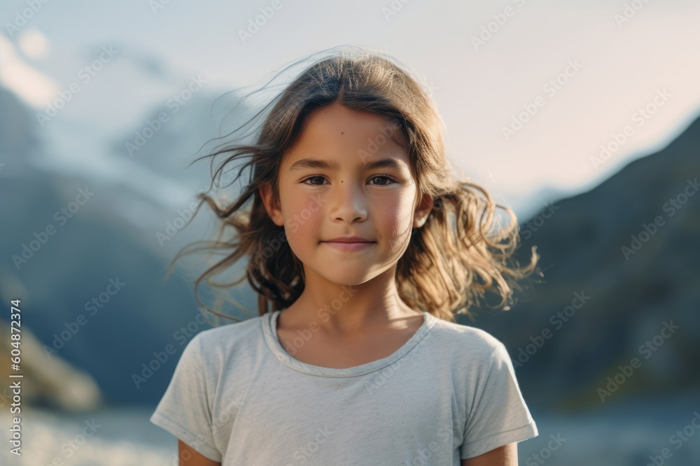 Medium shot portrait photography of a glad kid female wearing a casual short-sleeve shirt against a serene snow-capped mountain background. With generative AI technology Medium shot portrait photography of a glad kid female wearing a casual short-sleeve shirt against a serene snow-capped mountain background. With generative AI technology
