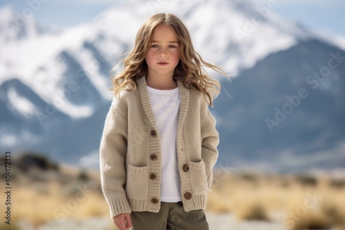 Full-length portrait photography of a grinning kid female wearing a chic cardigan against a serene snow-capped mountain background. With generative AI technology © Markus Schröder