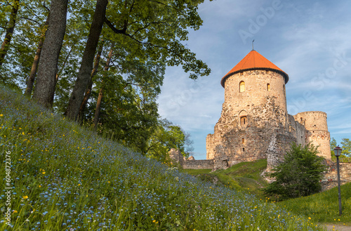 View to Medieval Livonian castle tower in oldest Latvian town Cesis at spring