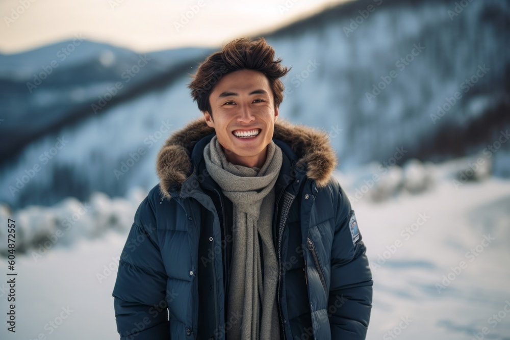 Conceptual portrait photography of a grinning boy in his 30s wearing comfortable jeans against a serene snow-capped mountain background. With generative AI technology Conceptual portrait photography of a grinning boy in his 30s wearing comfortable jeans against a serene snow-capped mountain background. With generative AI technology