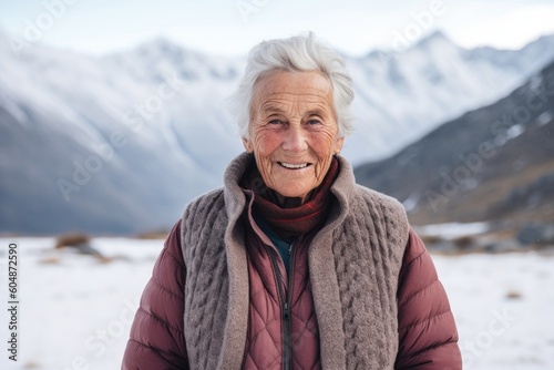 Lifestyle portrait photography of a glad old woman wearing an elegant long-sleeve shirt against a serene snow-capped mountain background. With generative AI technology