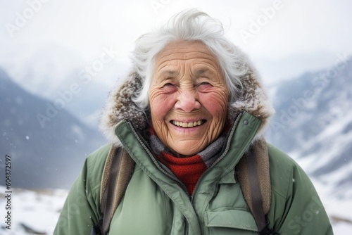 Medium shot portrait photography of a happy old woman wearing a durable parka against a serene snow-capped mountain background. With generative AI technology