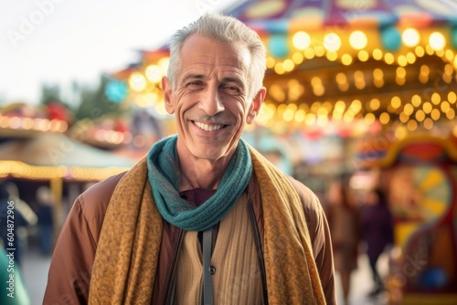 Lifestyle portrait photography of a satisfied mature man wearing a unique poncho against a crowded amusement park background. With generative AI technology