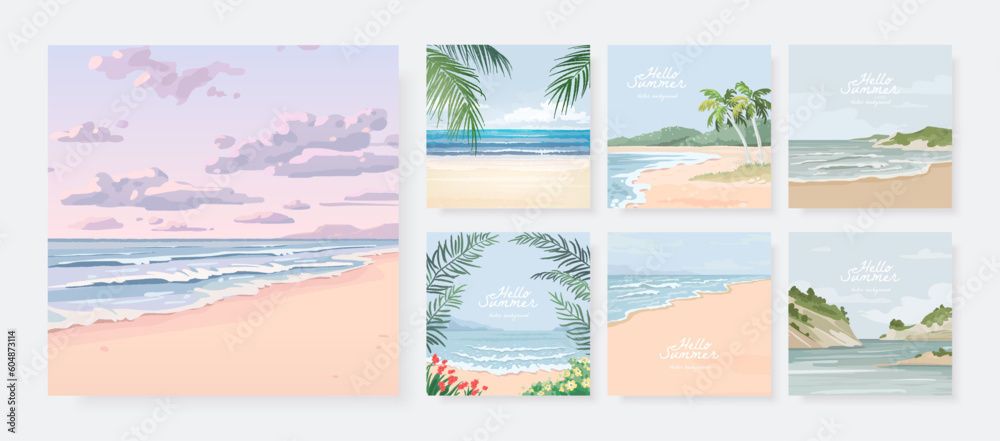 Set of beautiful banner, poster or greeting card design template with sandy summer beach. Set of nature landscape background. Vector illustration