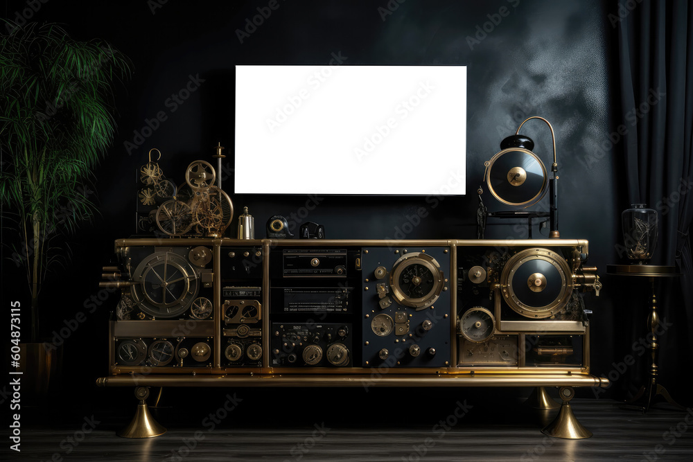 Gold Steampunk Tv Stand On Black Smoky Background. Generative AI