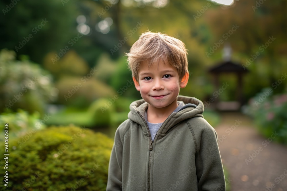 Medium shot portrait photography of a grinning kid male wearing a cozy zip-up hoodie against a serene zen garden background. With generative AI technology Medium shot portrait photography of a grinning kid male wearing a cozy zip-up hoodie against a serene zen garden background. With generative AI technology