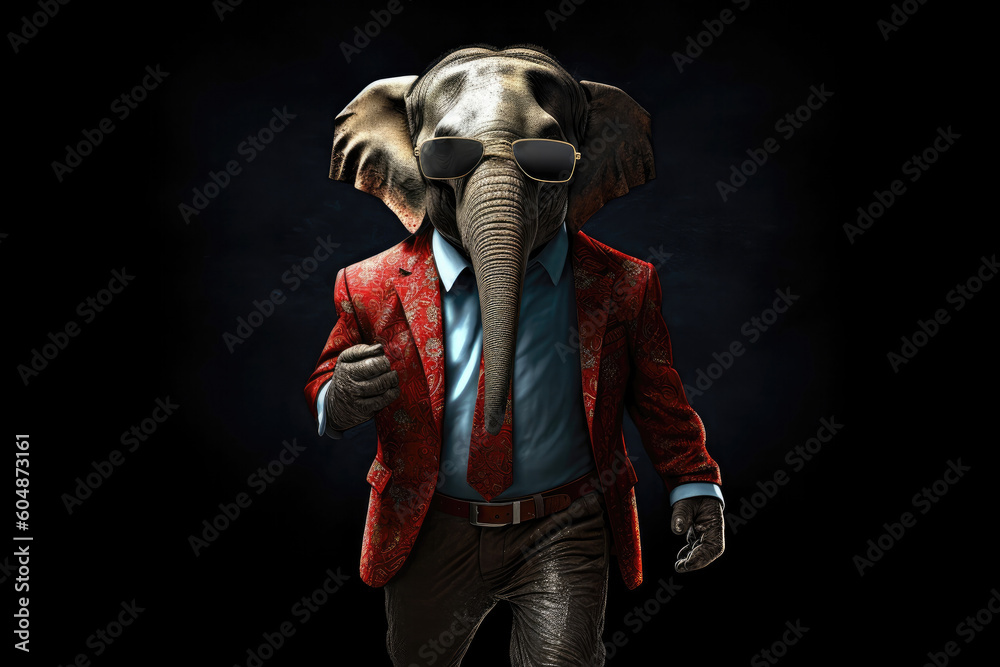 Happy Elephant In Suit And Sunglasses On Black Background. Generative AI