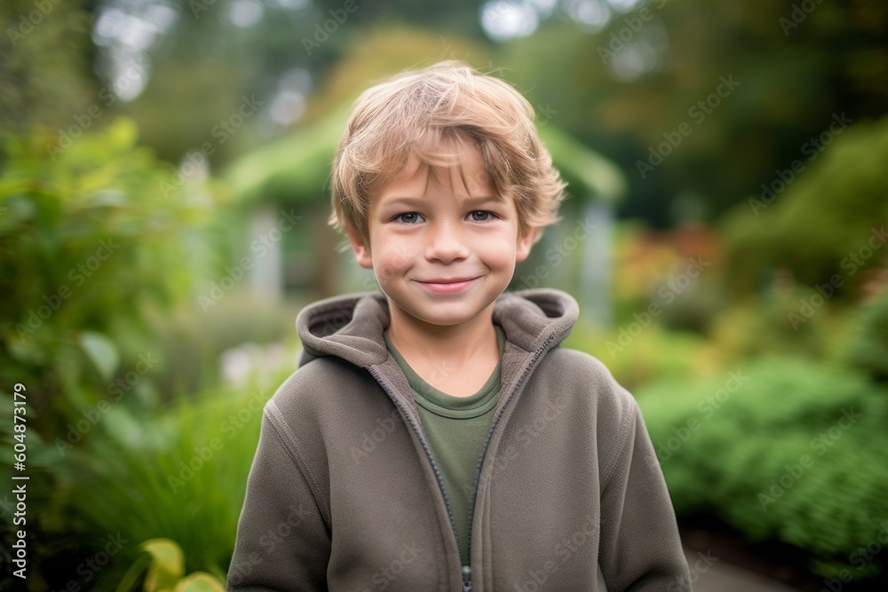 Medium shot portrait photography of a grinning kid male wearing a cozy zip-up hoodie against a serene zen garden background. With generative AI technology Medium shot portrait photography of a grinning kid male wearing a cozy zip-up hoodie against a serene zen garden background. With generative AI technology