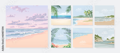 Set of beautiful banner, poster or greeting card design template with sandy summer beach. Set of nature landscape background. Vector illustration © AM_art