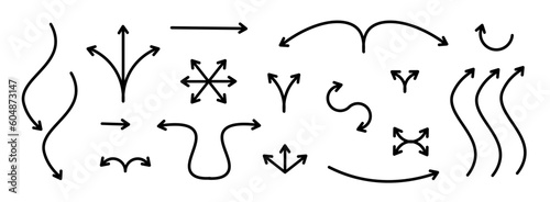 Set of black arrows icons. Curves pointer, turn to the side.
 Direction right left down up.Geometric abstract arrows of different shapes.
Movement orientation.
Vector illustration.