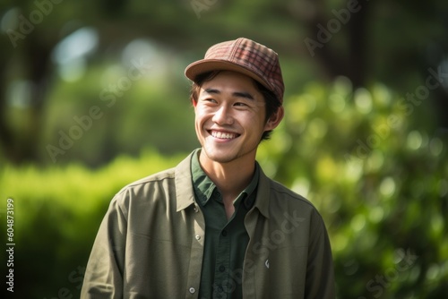 Lifestyle portrait photography of a joyful boy in his 30s wearing a cool cap or hat against a serene zen garden background. With generative AI technology