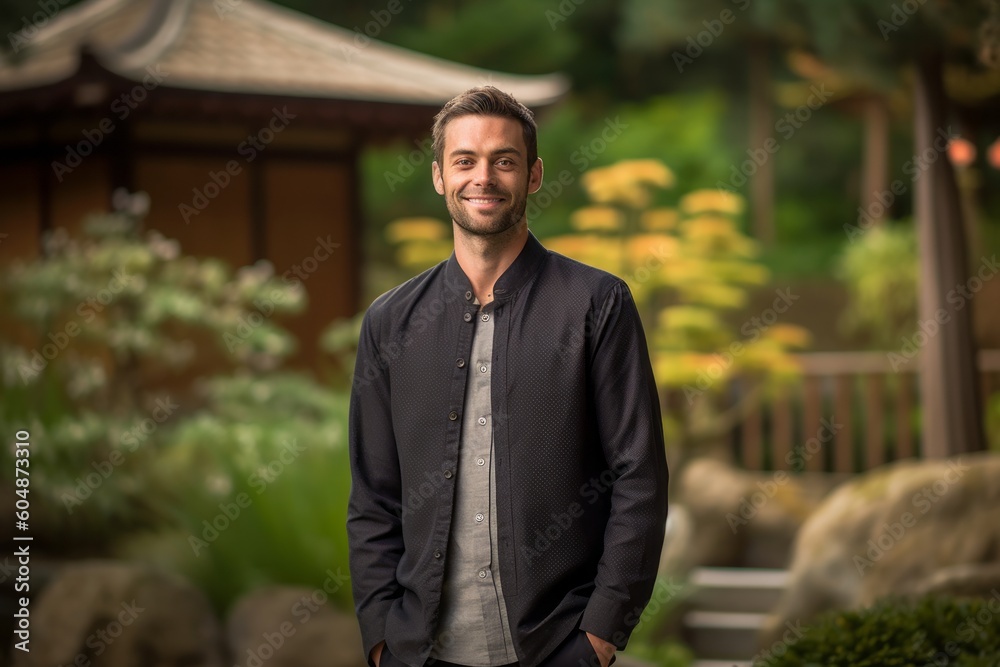 Medium shot portrait photography of a satisfied boy in his 30s wearing an elegant long-sleeve shirt against a serene zen garden background. With generative AI technology