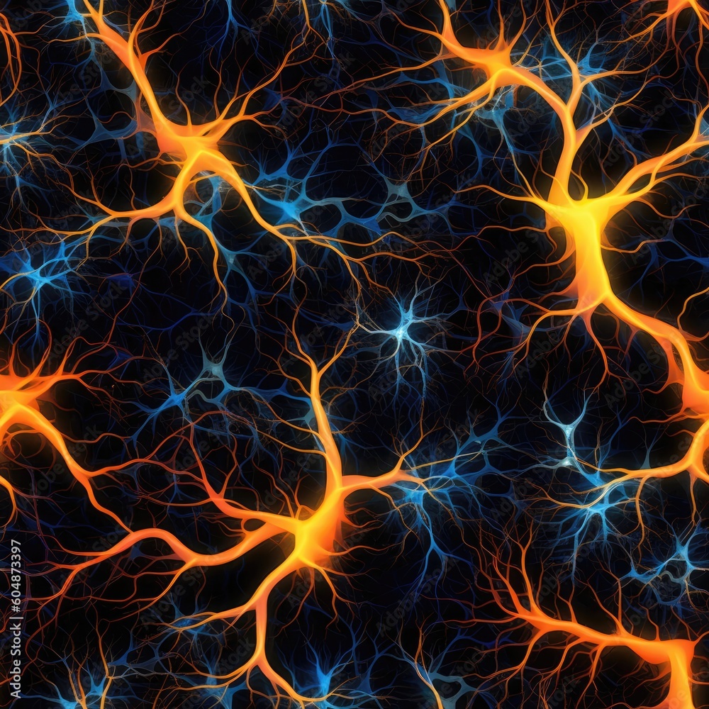 Orange Yellow Blue Neurons On Black Seamless Background Tile. Generative AI