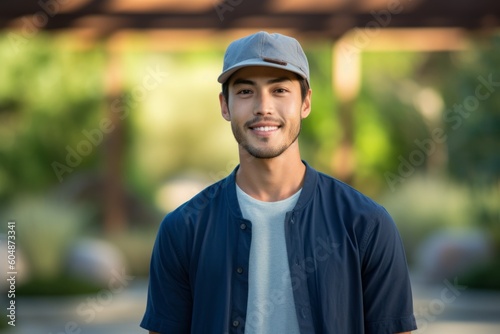 Lifestyle portrait photography of a satisfied boy in his 30s wearing a cool cap against a serene zen garden background. With generative AI technology