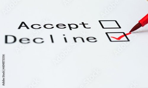 Closeup check boxes accept or decline with pen