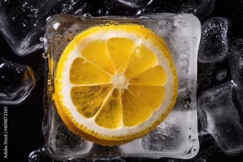 Macro Photo One Lemon In An Ice Cube. Generative AI