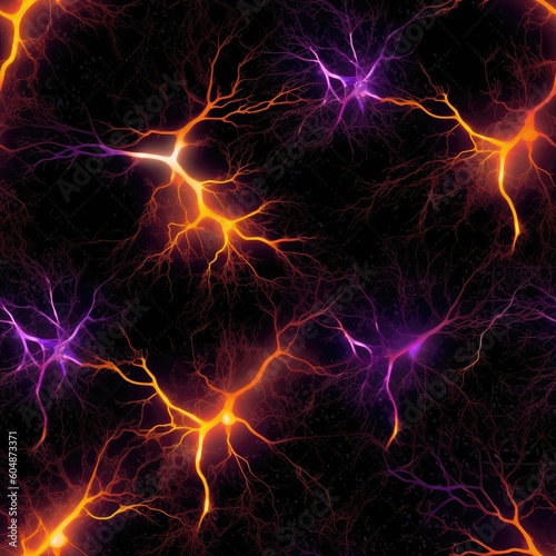 Orange Purple Yellow Neurons On Black Seamless Background Tile. Generative AI