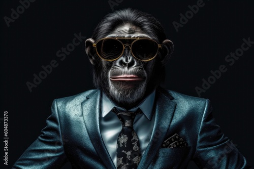 Poker Face Chimpanzee In Suit And Sunglasses On Black Background. Generative AI