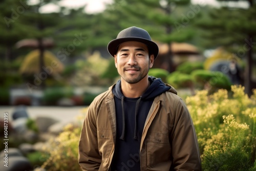 Lifestyle portrait photography of a satisfied boy in his 30s wearing a cool cap against a serene zen garden background. With generative AI technology