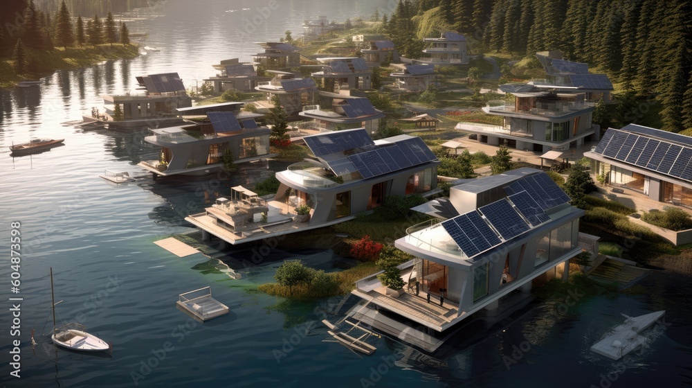 3D Render Energyefficient Floating City With Sustainable Living. Generative AI