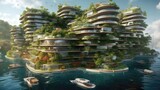3D Render Energyefficient Floating City With Sustainable Living. Generative AI