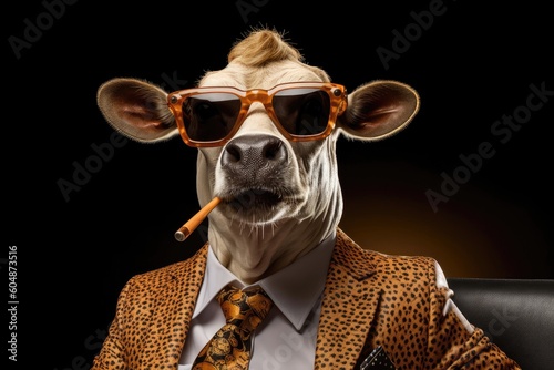 Screaming A Cigar Cow In Suit And Sunglasses On Black Background. Generative AI