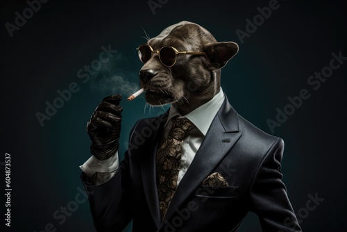 Сigar Smoker Panther In Suit And Sunglasses On Black Background. Generative AI photo
