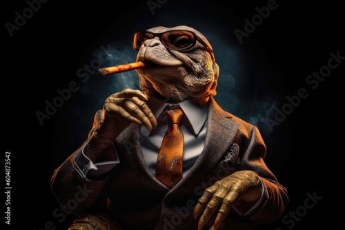 Сigar Smoker Turtle In Suit And Sunglasses On Black Background. Generative AI